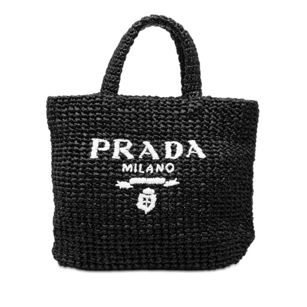 Prada Crochet Triangle Plate Tote Bag Handbag Black Viscose